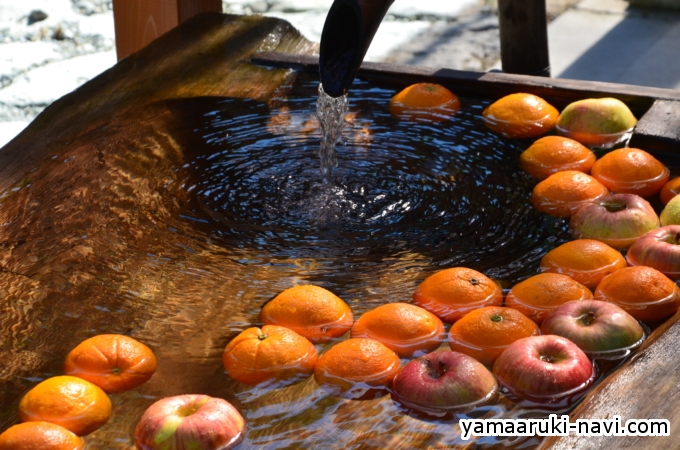 木製水槽にリンゴとミカン